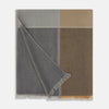 View 3 of product The Turnbull & Asser Grey and Beige Cashmere Scarf features beige, tan, gray, and charcoal color blocks in a rectangular shape with fringed edges at both ends, elegantly displayed against a plain white background.
