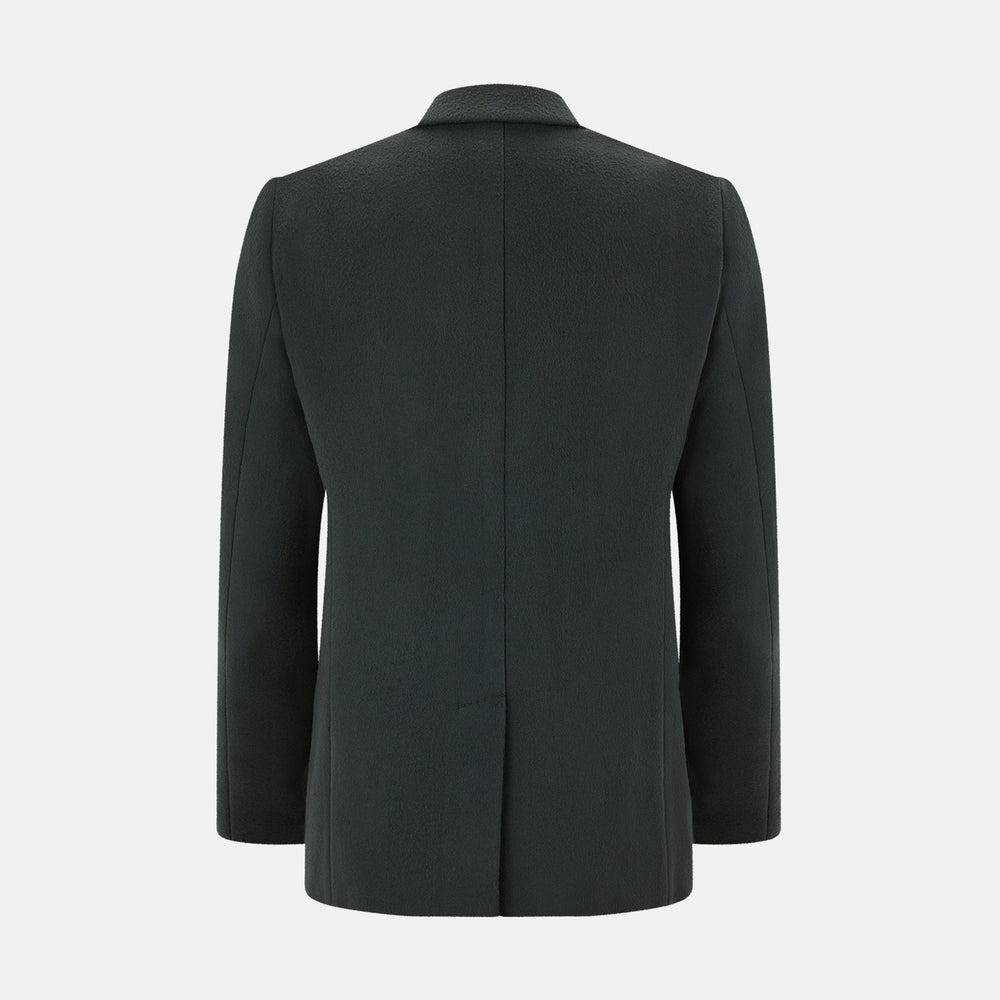 The Turnbull & Asser Moss Green Apsley Single-Breasted Caban Coat, featuring three buttons, a notched lapel, and three front pockets, is showcased on a plain white background.