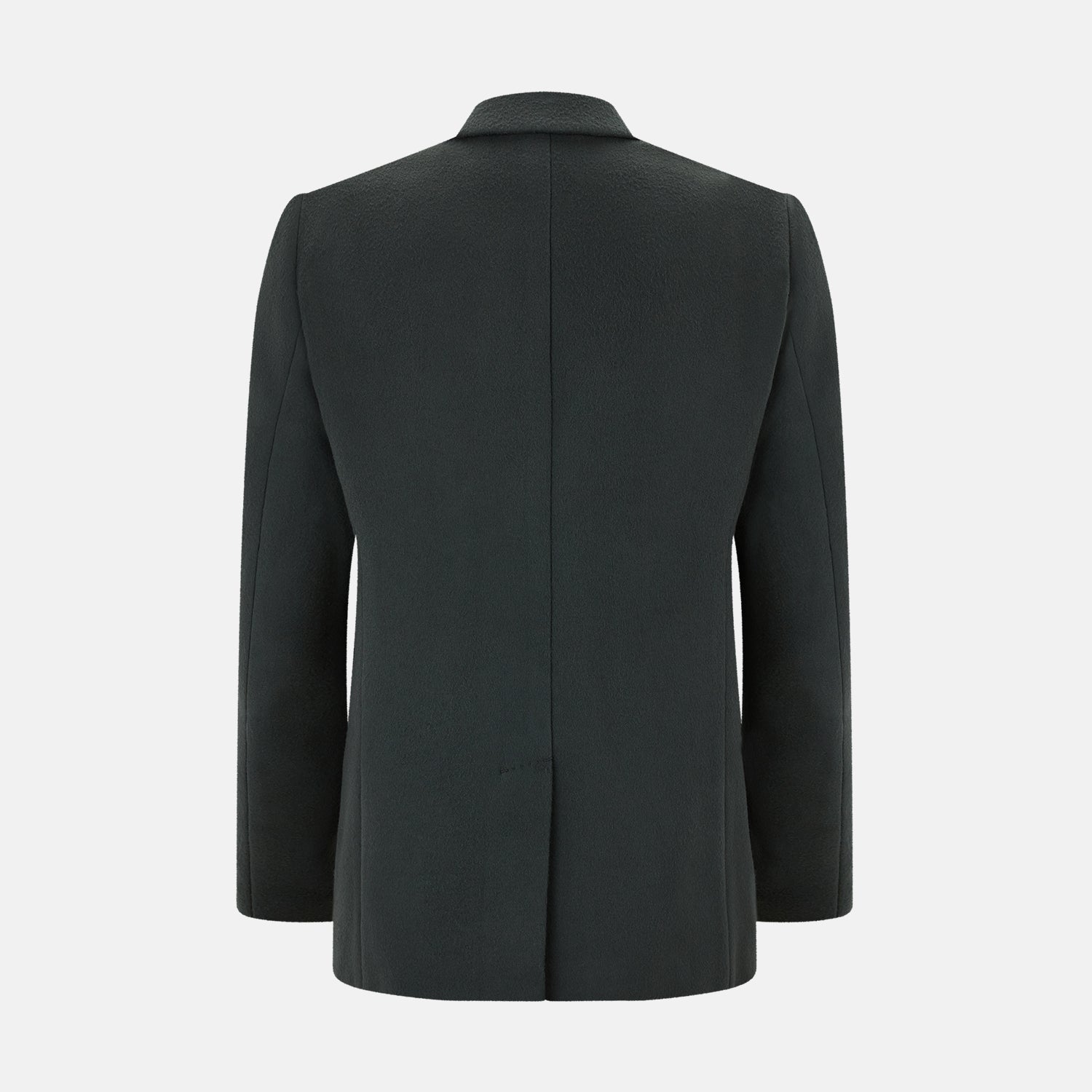 View 3 of product The Turnbull & Asser Moss Green Apsley Single-Breasted Caban Coat, featuring three buttons, a notched lapel, and three front pockets, is showcased on a plain white background.
