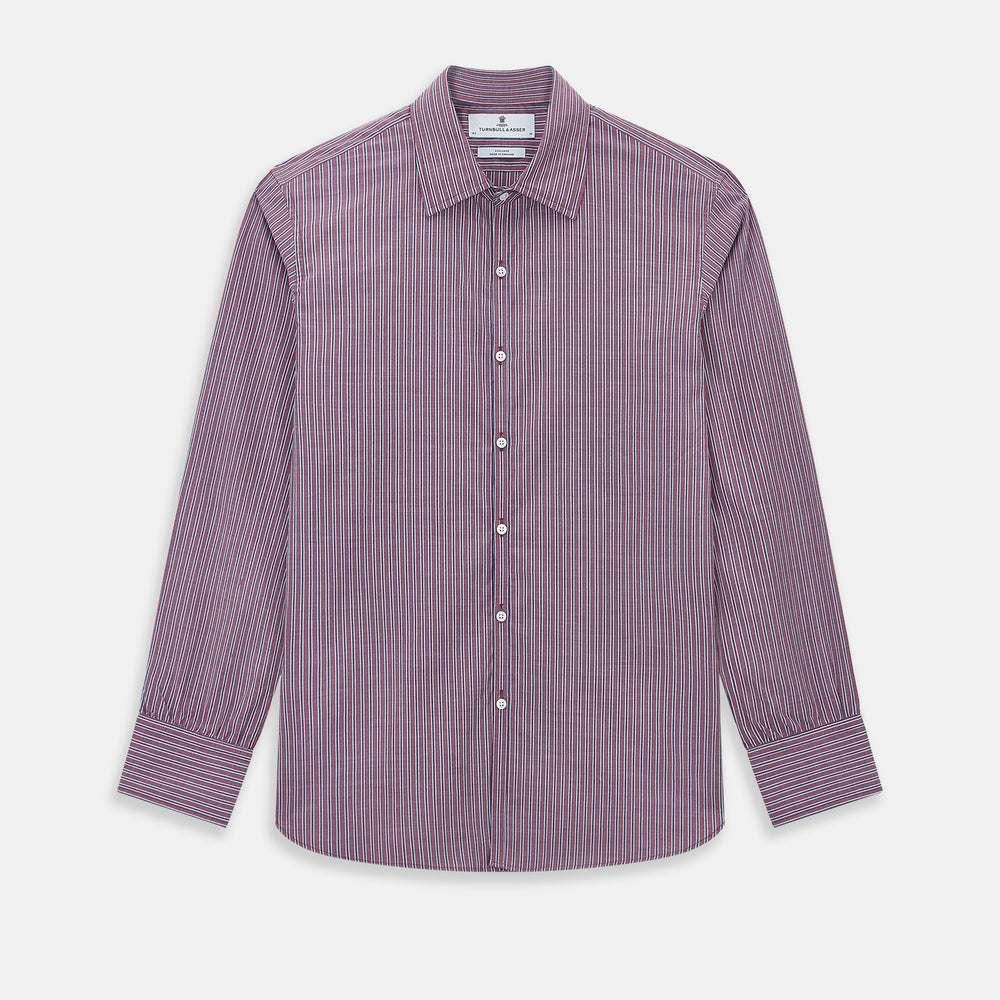 The Turnbull & Asser Wine Ticking Stripe Westminster Shirt features red, blue, and white vertical pinstripes on white and is shown laid flat on a white surface.