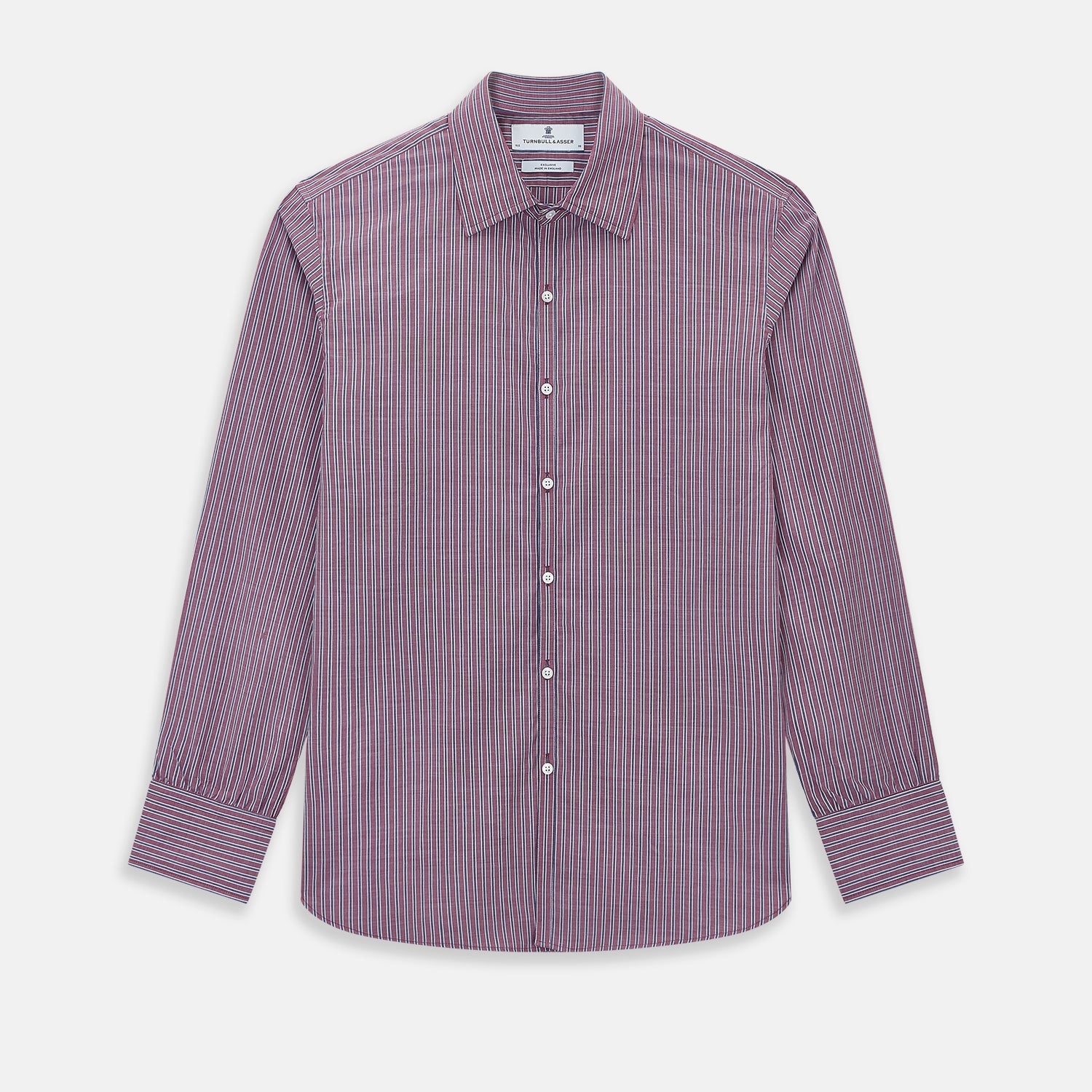 View 1 of product The Turnbull & Asser Wine Ticking Stripe Westminster Shirt features red, blue, and white vertical pinstripes on white and is shown laid flat on a white surface.