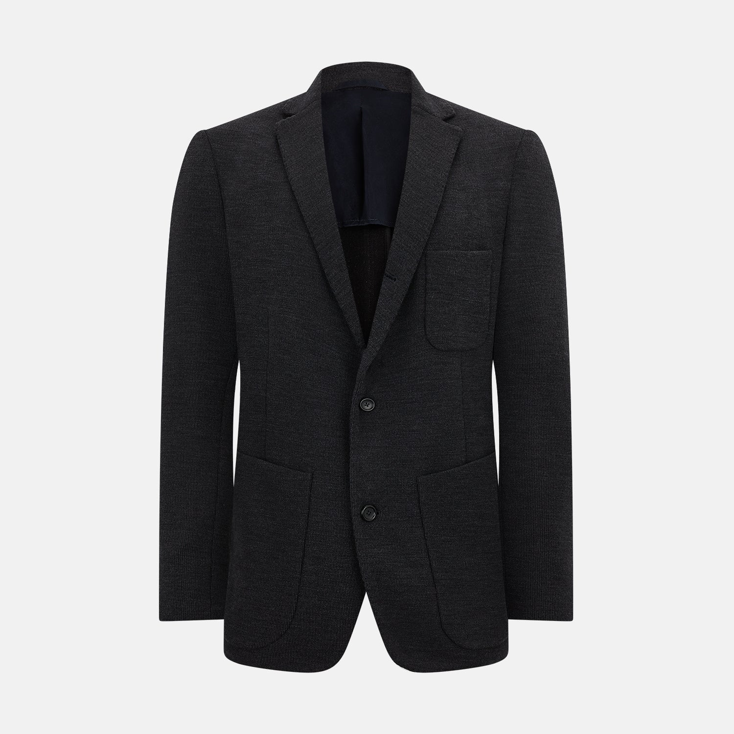 Image 1 of product The Turnbull & Asser Charcoal Knitted Oxford Blazer features a notched lapel, two-button closure, and three front pockets, blending modern elegance with British heritage against a plain white background.