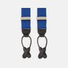 View 1 of product Turnbull & Asser Royal Blue Small Spot Adjustable Silk Braces, detailed with black leather ends and silver clips, are perfect for refined style. Shown laid flat on a plain white background.
