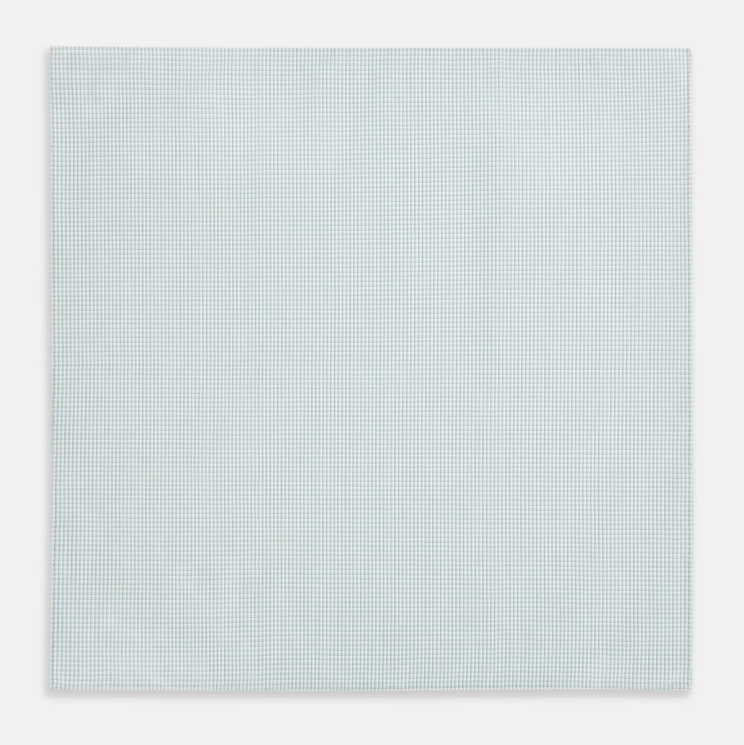 Image 3 of product The Turnbull & Asser Sage Green Shadow Grid Check Hand-Rolled Handkerchief features a grid of small squares and hand-rolled edges, shown neatly folded on a white background.