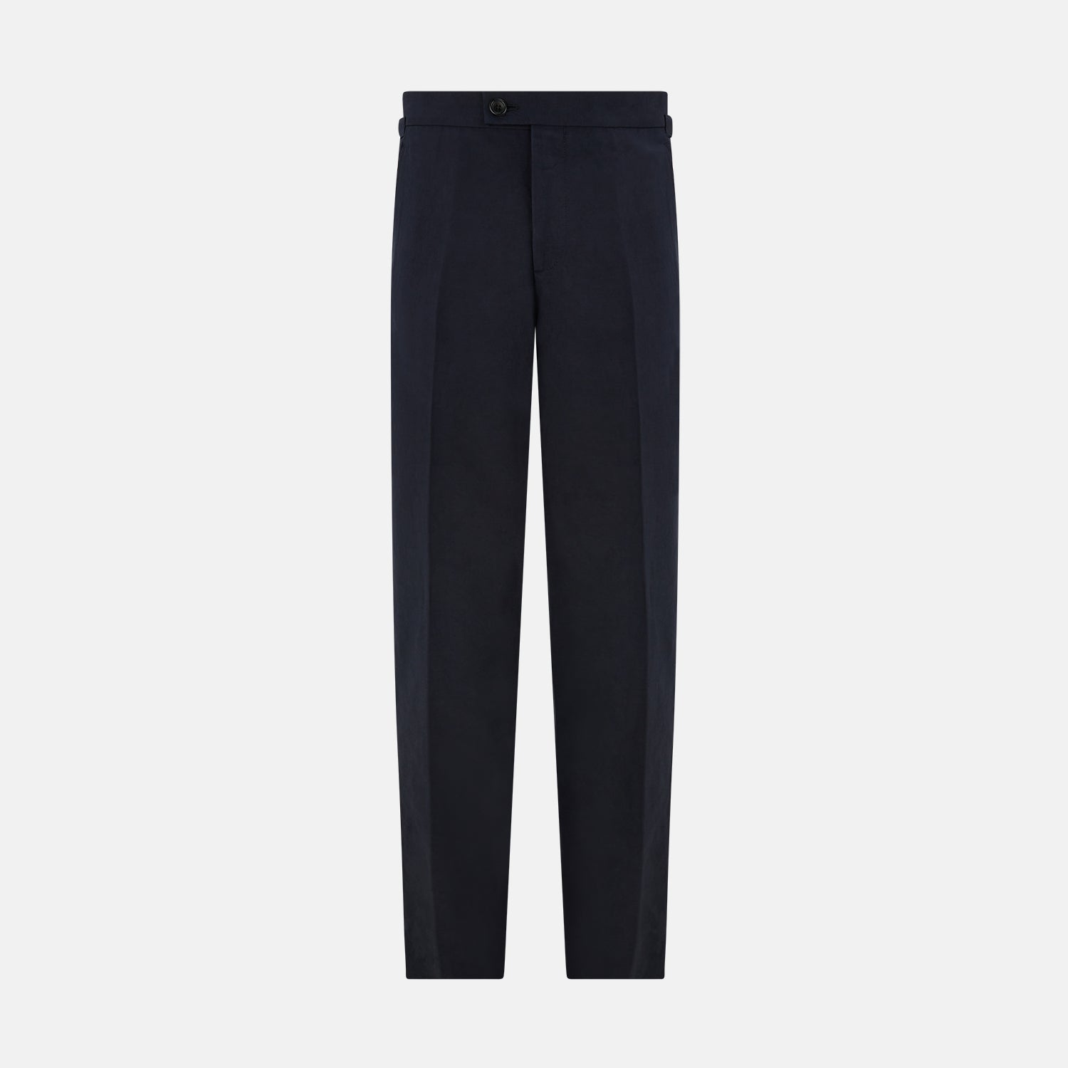 View 9 of product Turnbull & Asser Navy Linen Henry Trousers feature a button closure and pressed front creases, ideal as formal navy trousers, and are shown against a plain white background.