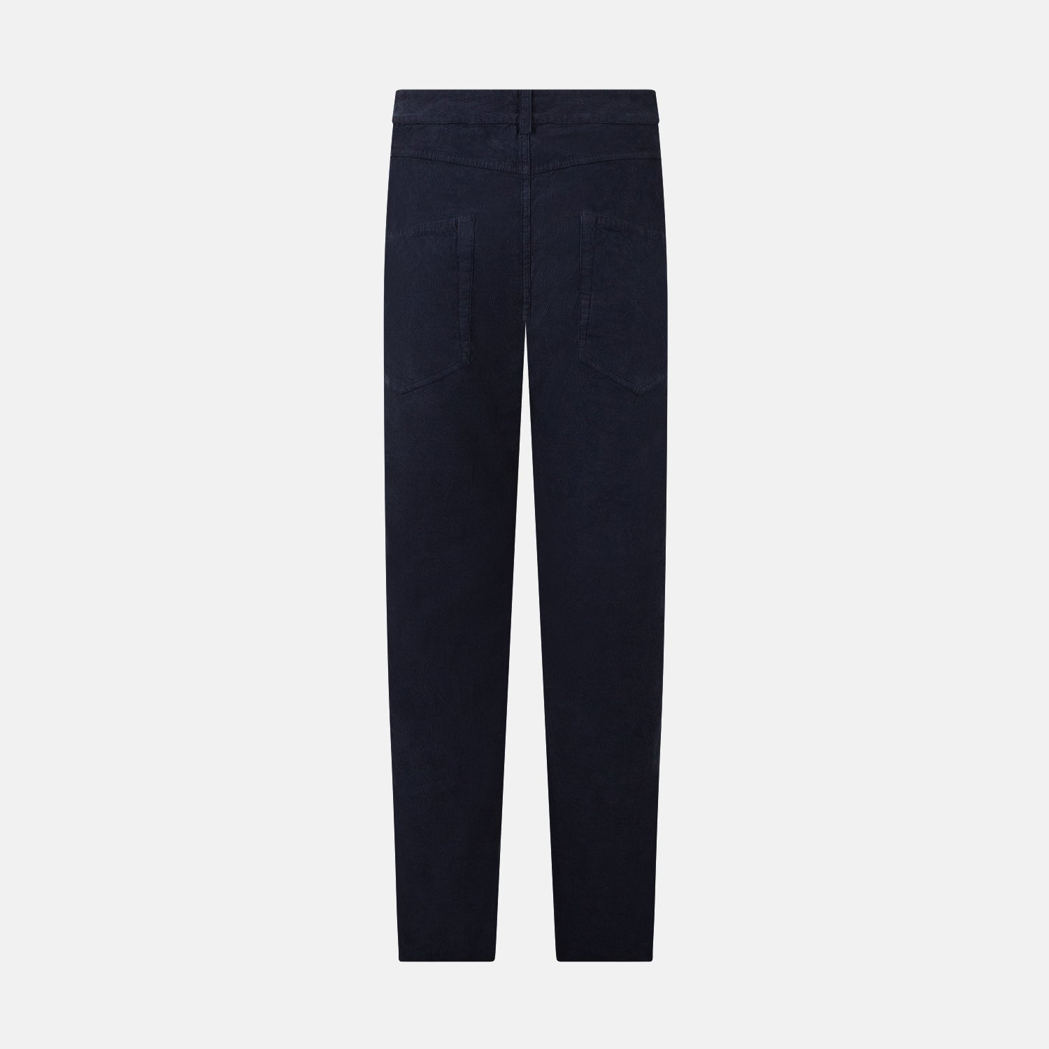 Image 3 of product The Turnbull & Asser Light Navy Corduroy Charles Trousers feature a straight-leg fit, stretch cotton, belt loops, front pockets, and a button-zip closure—highlighting British tailoring against a white background.