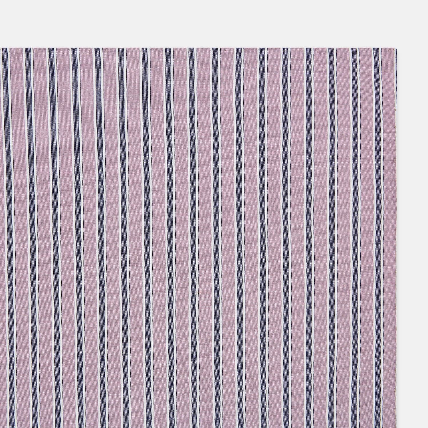 Image 2 of product The Antique Pink Ticking Stripe Hand-Rolled Handkerchief by Turnbull & Asser features vertical stripes in antique pink, white, and navy blue, shown flat against a white background.