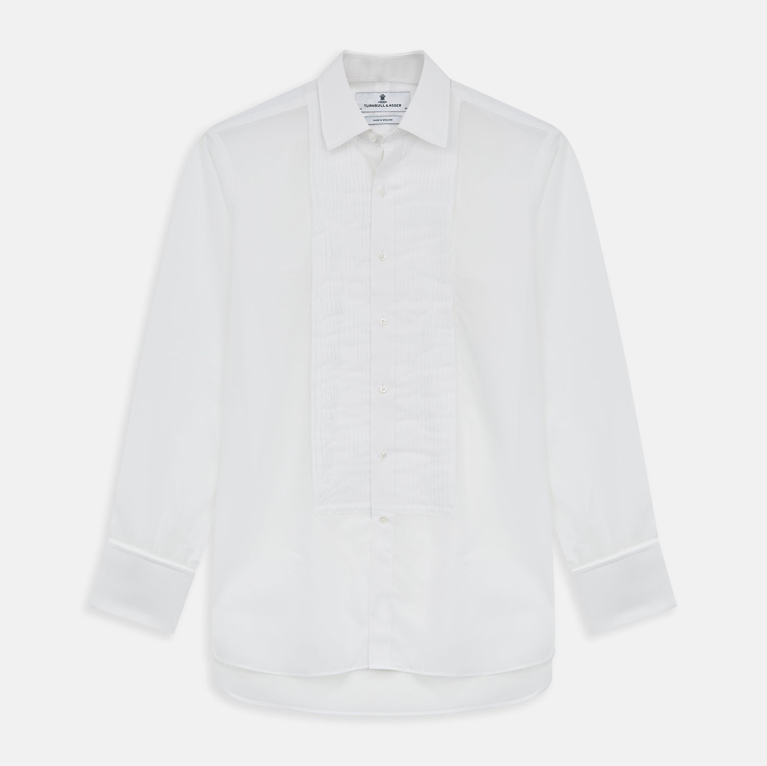 View 7 of product The Die Another Day Inspired Voile Dress Shirt by Turnbull & Asser features a white pleated front, button-down closure, and classic collar—laid flat on white to showcase its timeless James Bond style.