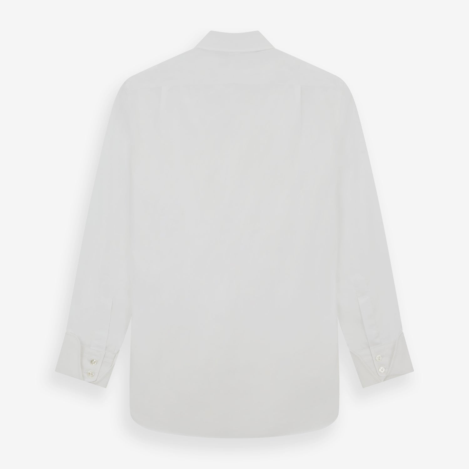 View 3 of product The Turnbull & Asser White Poplin Shirt With Regent Collar and 2-Button Cocktail Cuffs, featuring long sleeves, is buttoned up and laid flat on a white background.