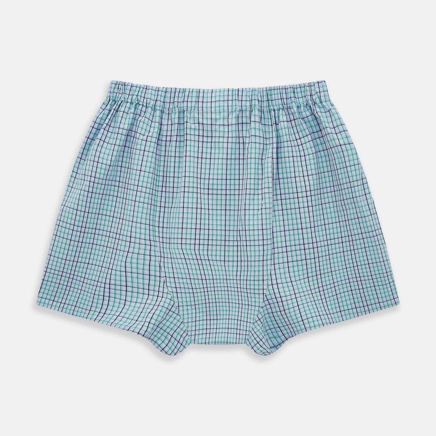 View 2 of product The Pale Blue And Green Multi Check Godfrey Boxer Shorts by Turnbull & Asser feature Italian cotton, an elastic waistband, and a grid of multicolored checks. These luxury men's boxers are shown laid flat on a white background.