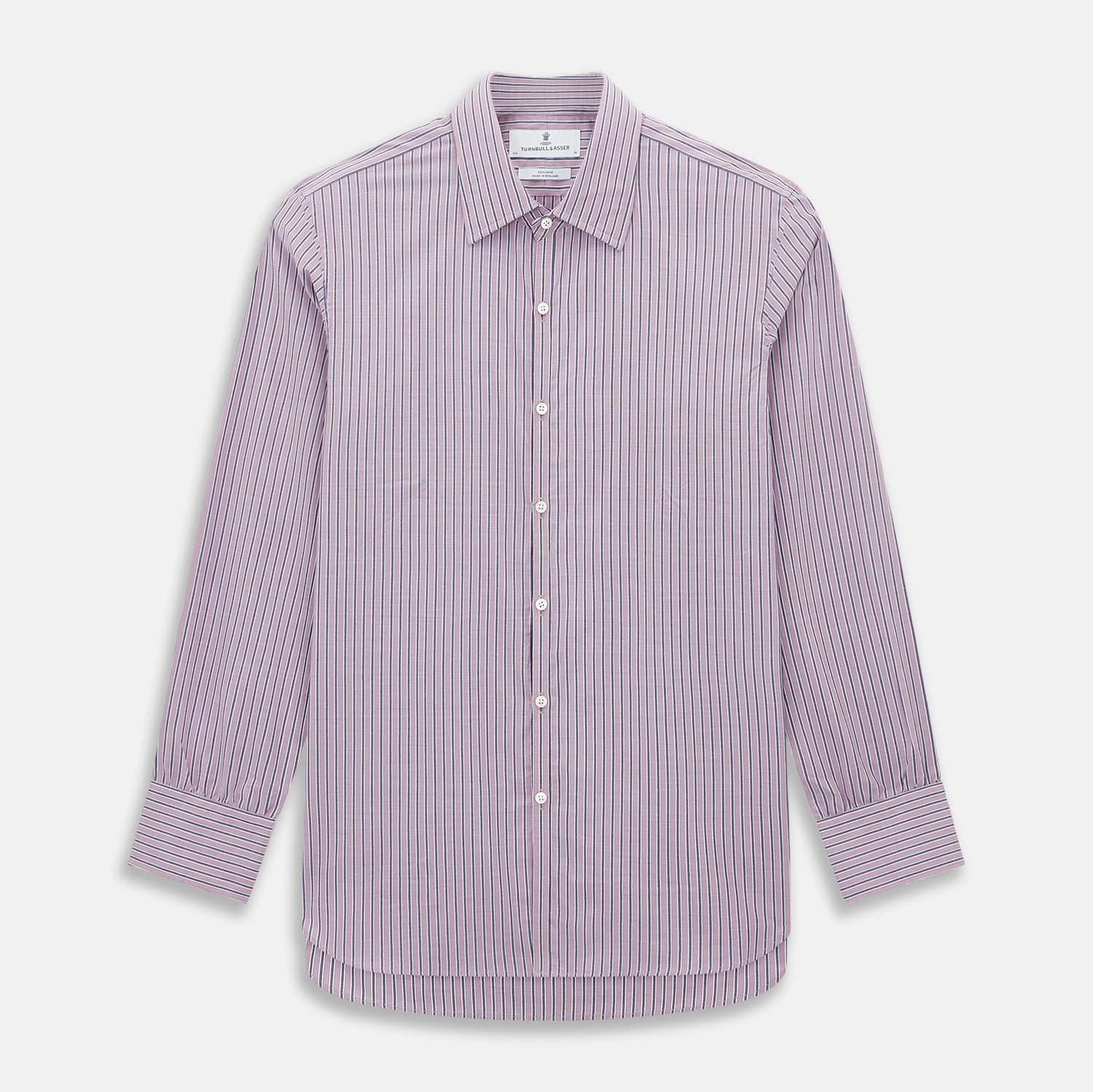 Image 1 of product The Turnbull & Asser Antique Pink Ticking Stripe Westminster Shirt is a collared, long-sleeve button-up with thin vertical pink stripes on white, highlighting British craftsmanship. It’s shown neatly laid flat and fully buttoned.