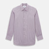 View 1 of product The Turnbull & Asser Antique Pink Ticking Stripe Westminster Shirt is a collared, long-sleeve button-up with thin vertical pink stripes on white, highlighting British craftsmanship. It’s shown neatly laid flat and fully buttoned.