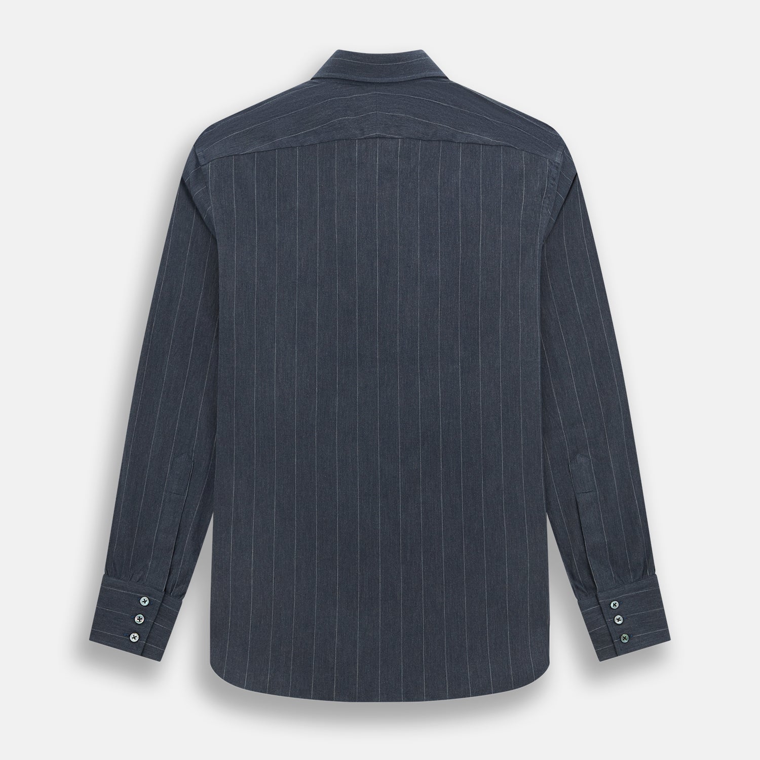 View 3 of product The Turnbull & Asser Navy Melange Wide Stripe Westminster Shirt features a classic collar, buttoned cuffs, and a tailored fit, showcasing British craftsmanship. Laid flat on a white background.