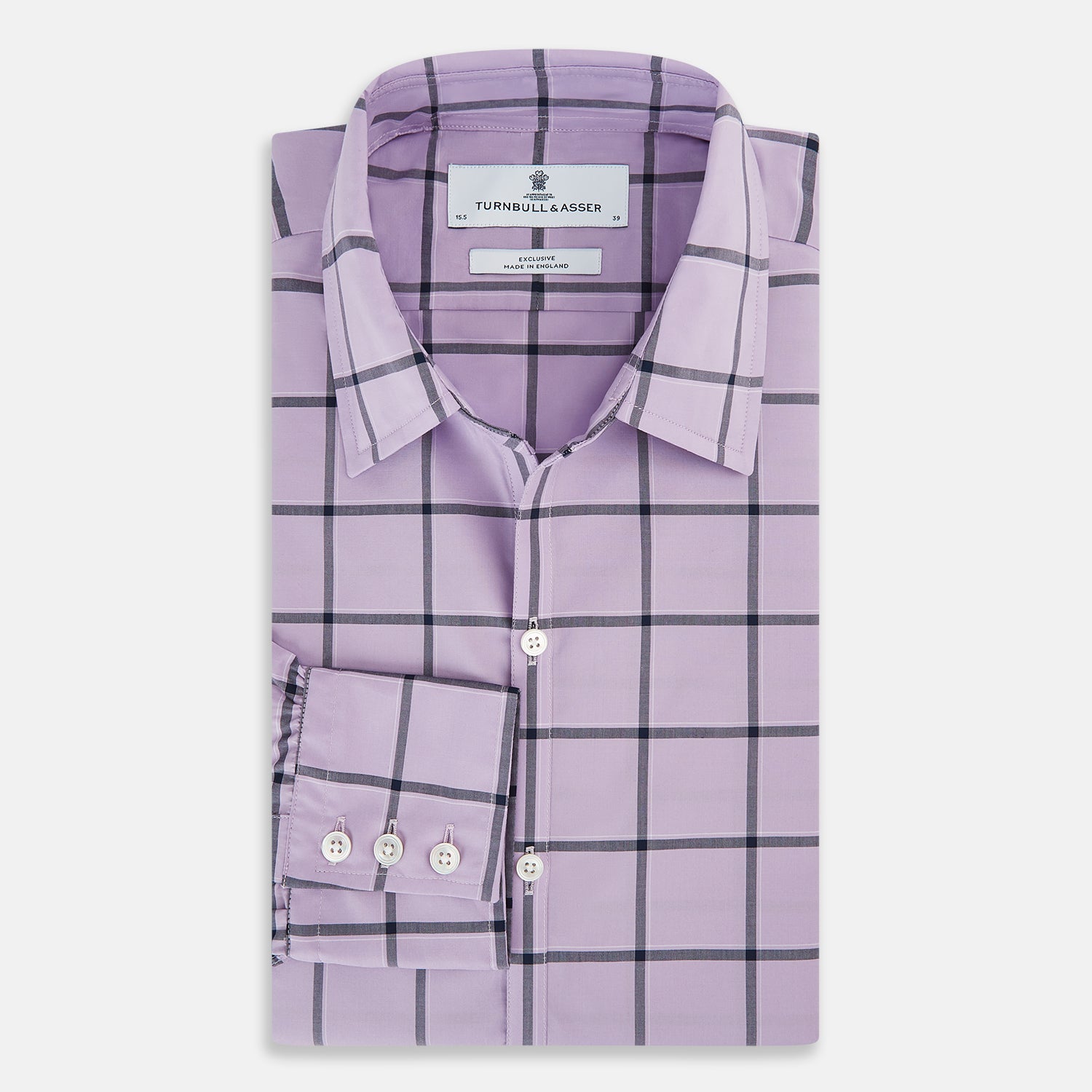 View 5 of product A long-sleeve, button-up Lilac Grid Check Windsor Shirt by Turnbull & Asser, featuring a black windowpane pattern and a refined Windsor collar, displayed on a plain white background.