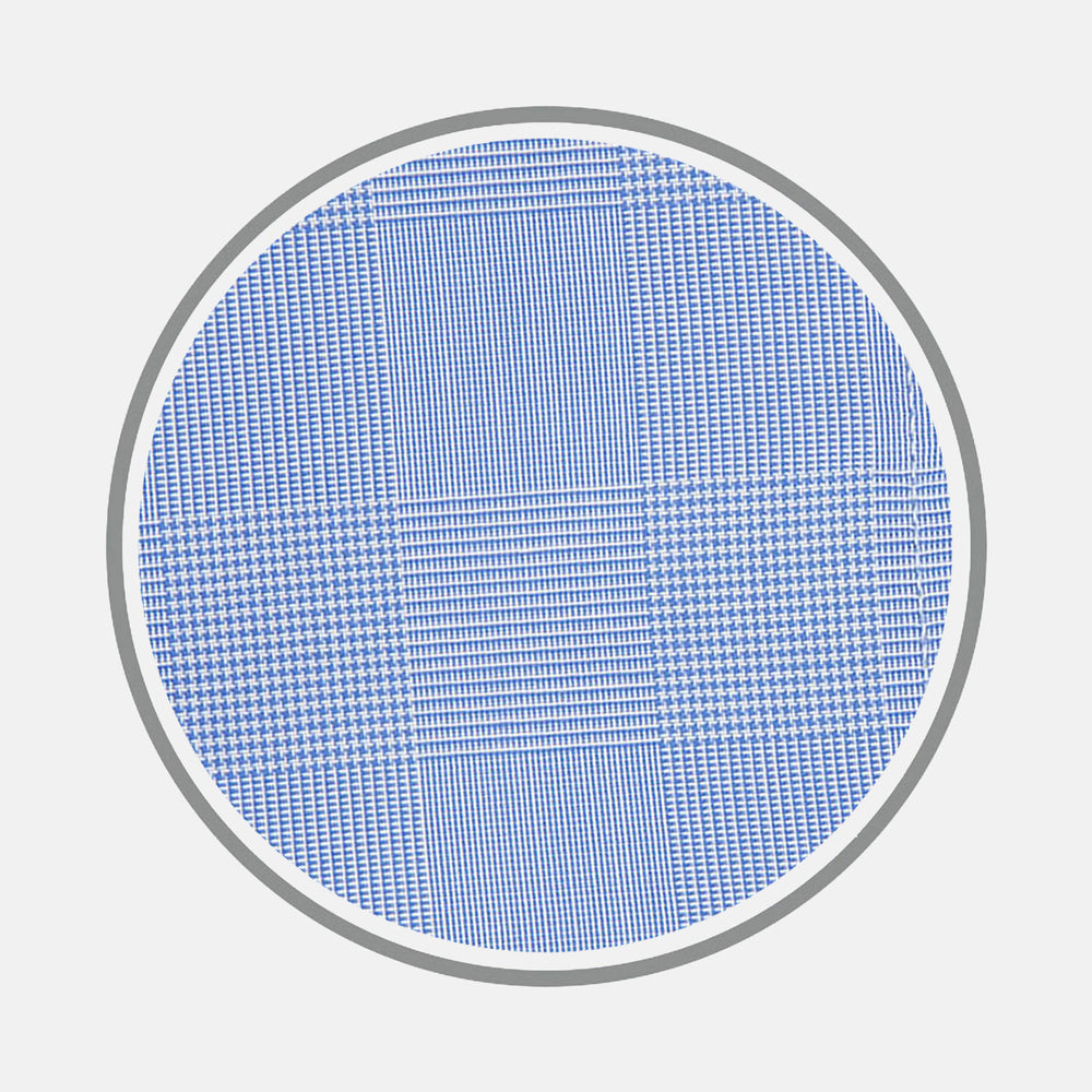 Turnbull & Asser's Blue Prince of Wales Check Cotton Fabric features a circular blue and white Glen plaid design with a gray border on a white background.