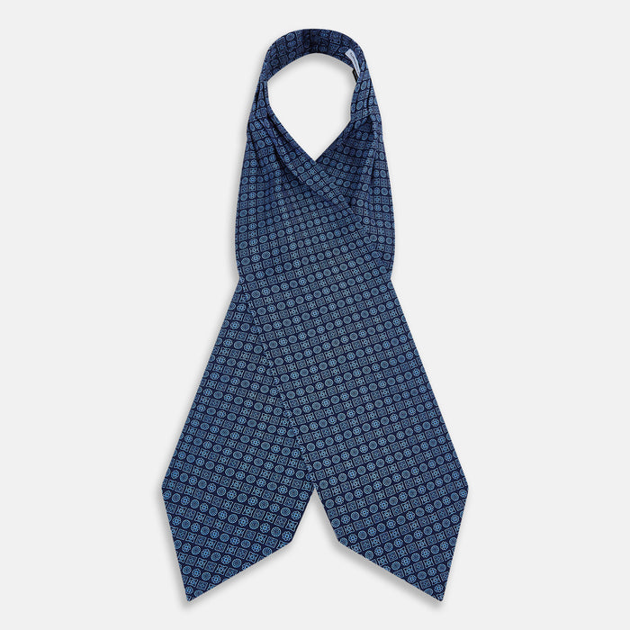 Dark Navy Floral Tile Pattern Printed Silk Cravat Image 1