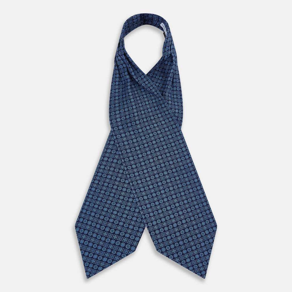 Dark Navy Floral Tile Pattern Printed Silk Cravat