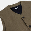 View 2 of product An olive, sleeveless linen twill waistcoat by Turnbull & Asser with a V-neck, five black buttons, two slanted zippered pockets, and a chest pocket, shown against a plain white background.