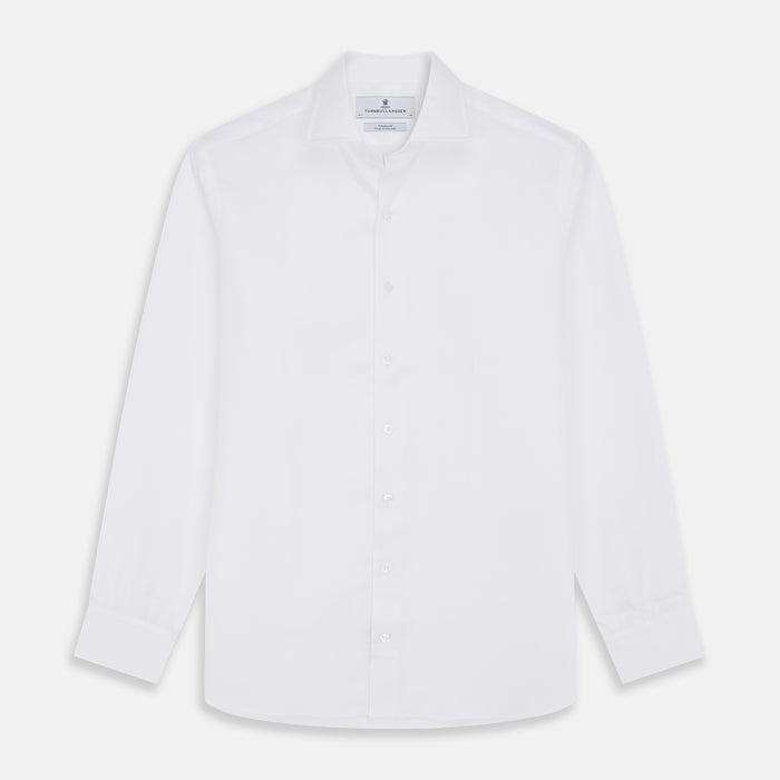 White Herringbone Tailored Fit Shirt With Kent Collar