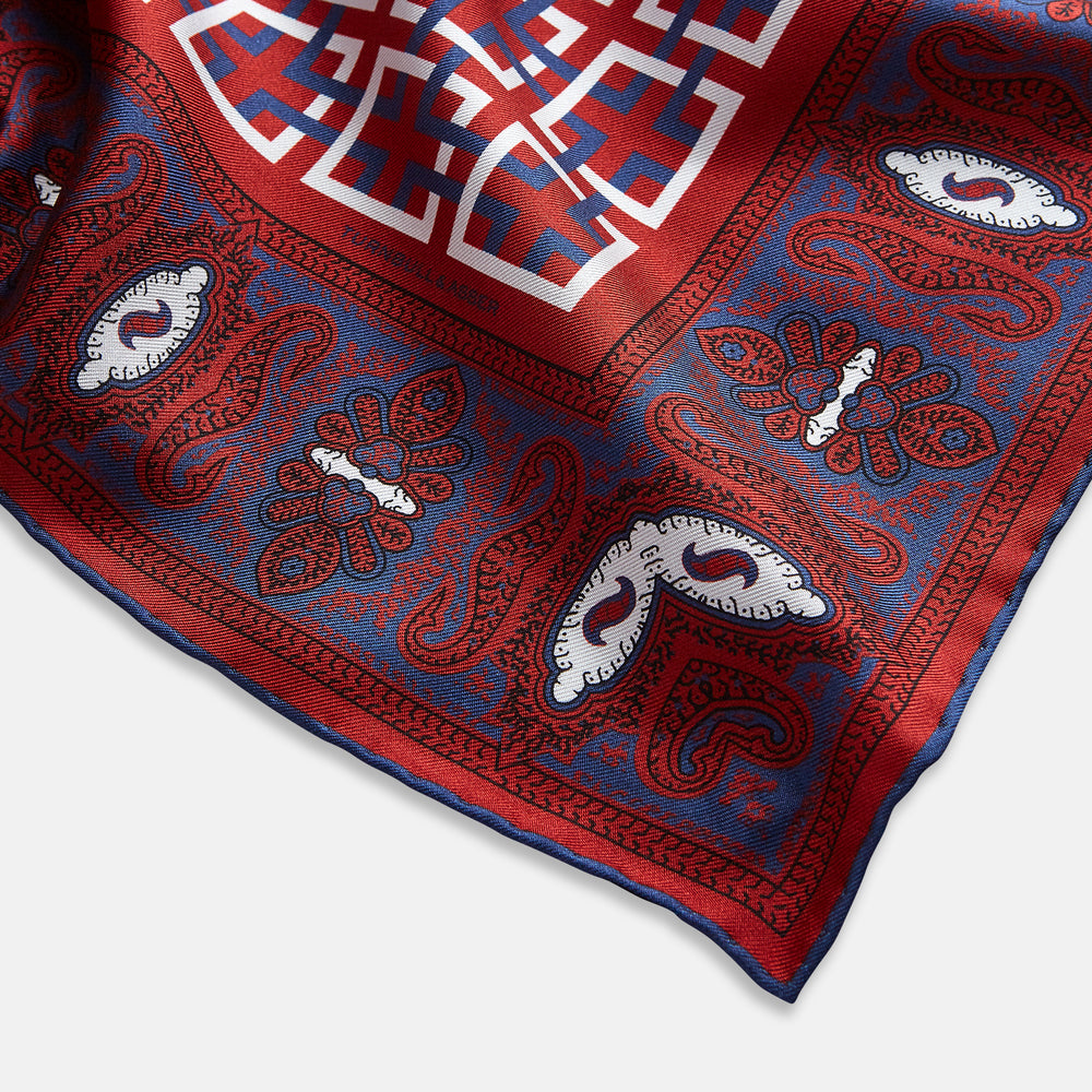 Red Square-Patterned and Paisley Patterned Silk Pocket Square