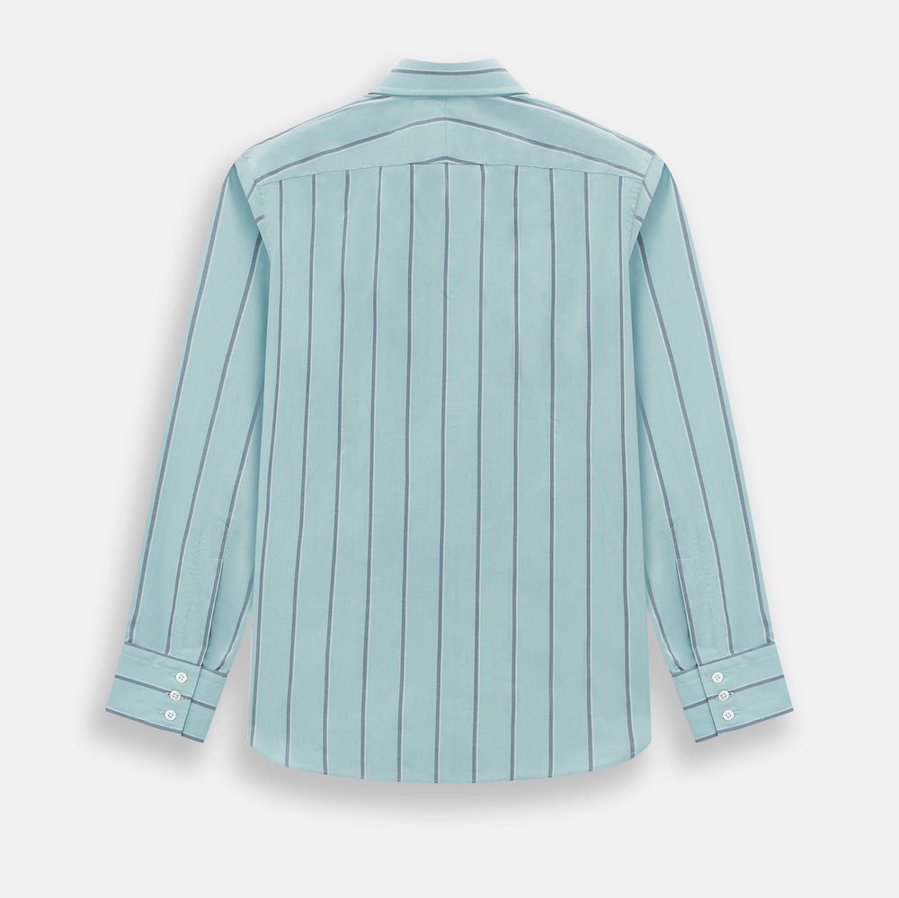 The Light Sage Track Stripe Westminster Shirt by Turnbull & Asser features a Turnbull collar, long sleeves, and vertical track stripes, shown on a white background.