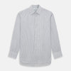 View 1 of product A long-sleeved Midnight Blue Fine Track Stripe Mayfair Shirt by Turnbull & Asser, featuring a T&A collar and white buttons, is laid neatly flat on a white background.