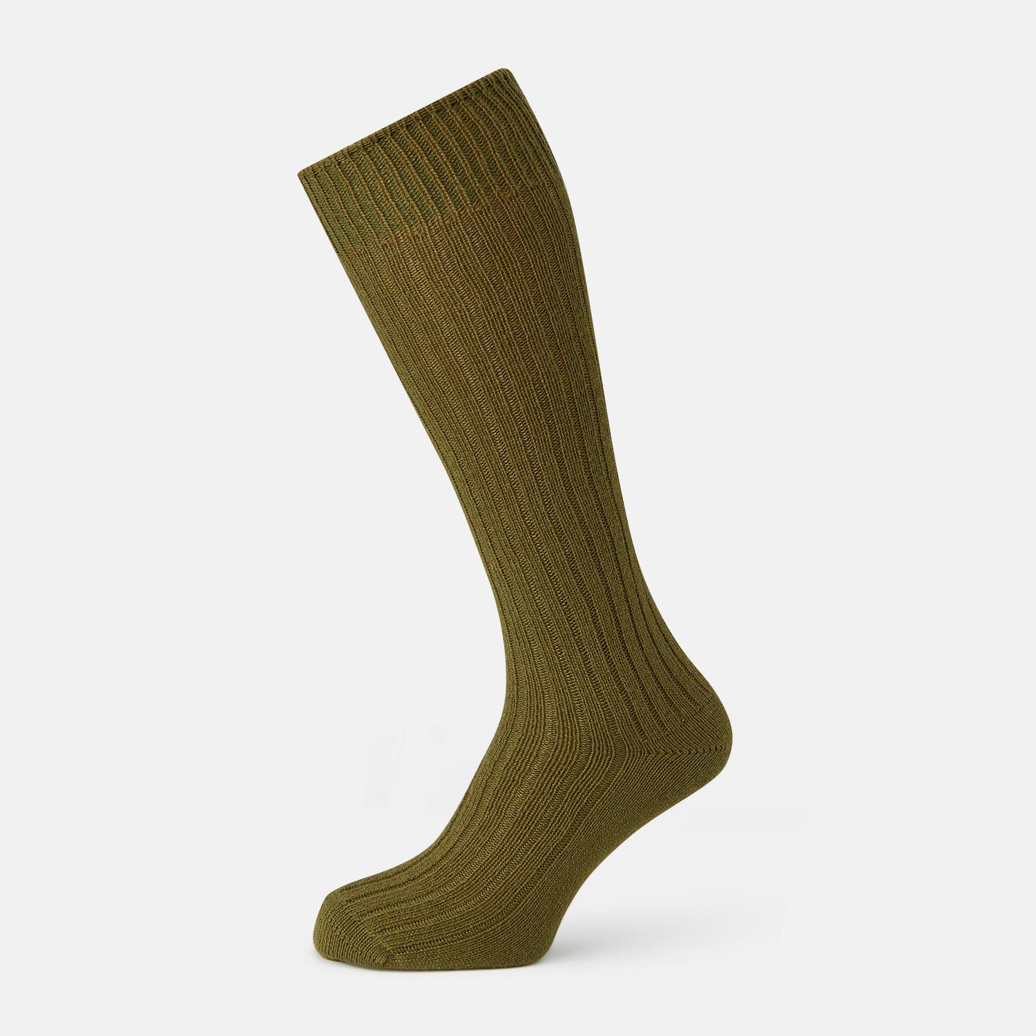 View 1 of product A single Turnbull & Asser CASHMERE/COTTON BLEND KHAKI GREEN 3/4 sock stands upright against a plain white background.