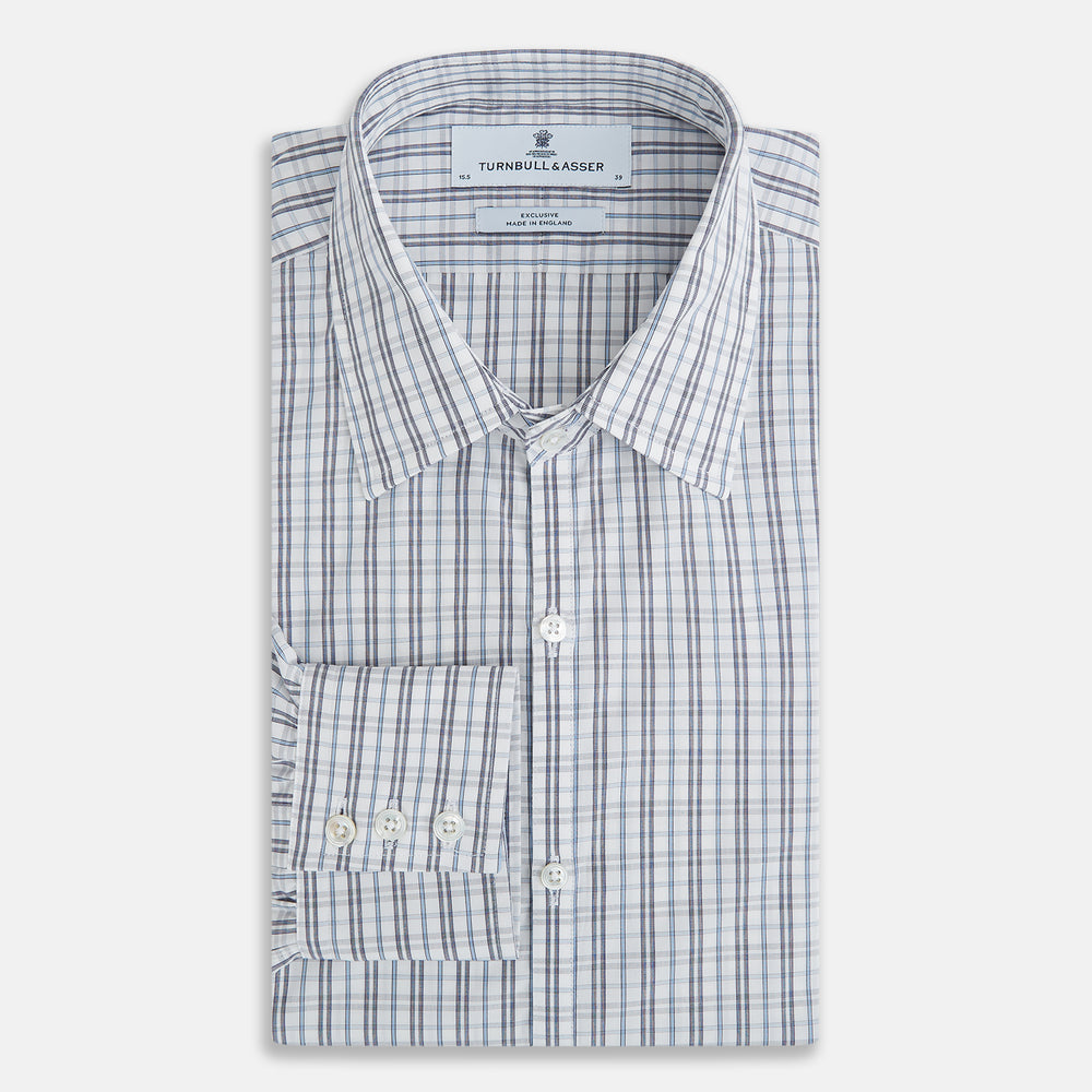 The Turnbull & Asser Navy and Blue Multi Tattersall Westminster Shirt features long sleeves, a button-down style, and a Turnbull collar in a blue and gray check pattern on white, laid flat against a white background.