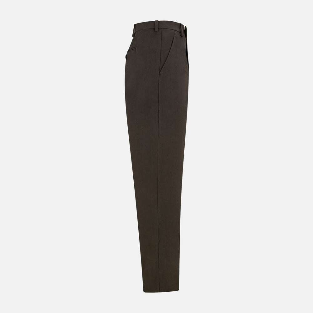 A pair of moss green Henry B trousers by Turnbull & Asser, crafted from Italian cotton with a straight-leg cut, belt loops, and a flat front, displayed against a plain white background.