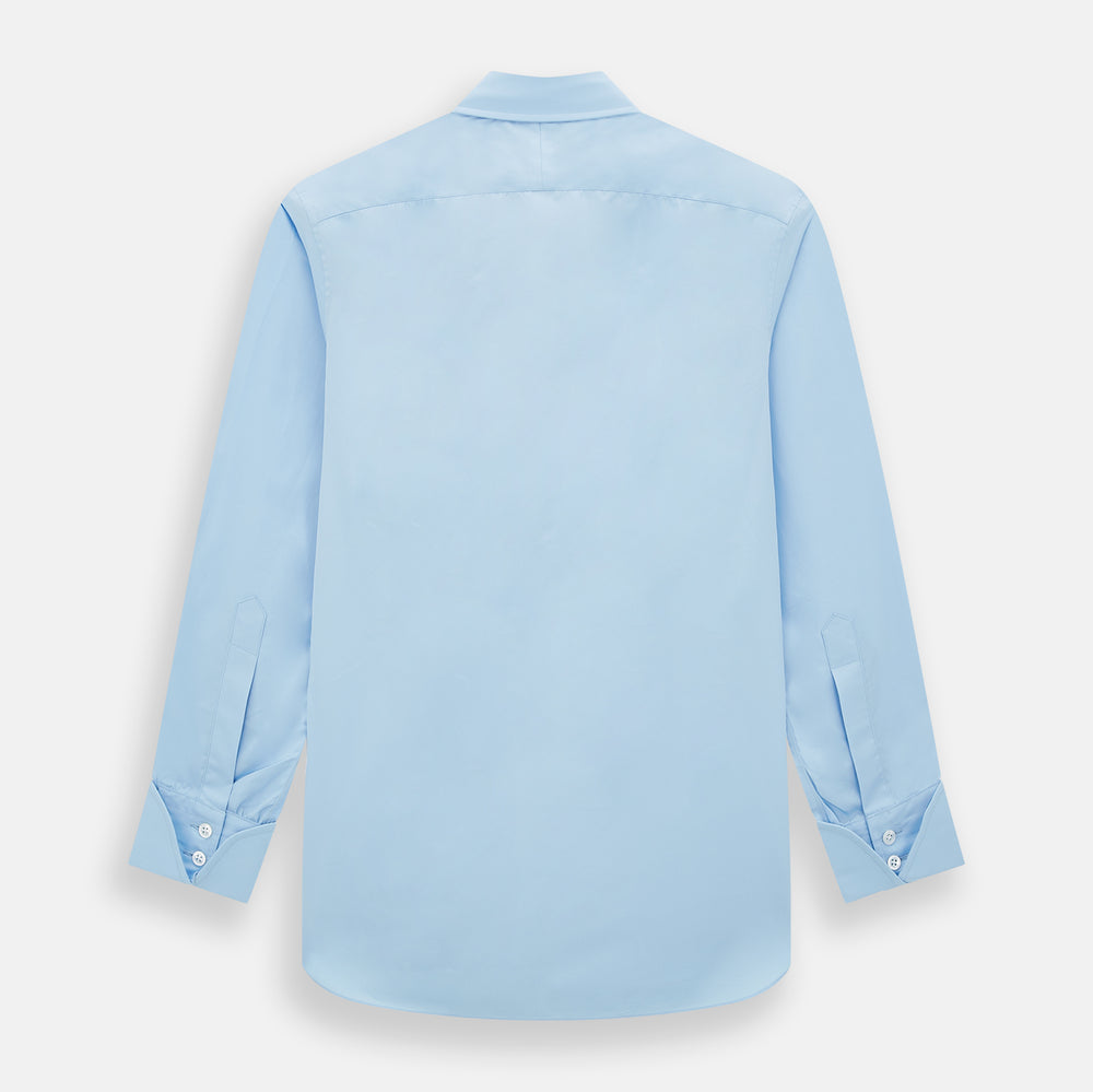The Turnbull & Asser Dr. No Blue Cotton Shirt with cocktail cuffs, inspired by James Bond, features a classic collar and white buttons, displayed on a plain white background.