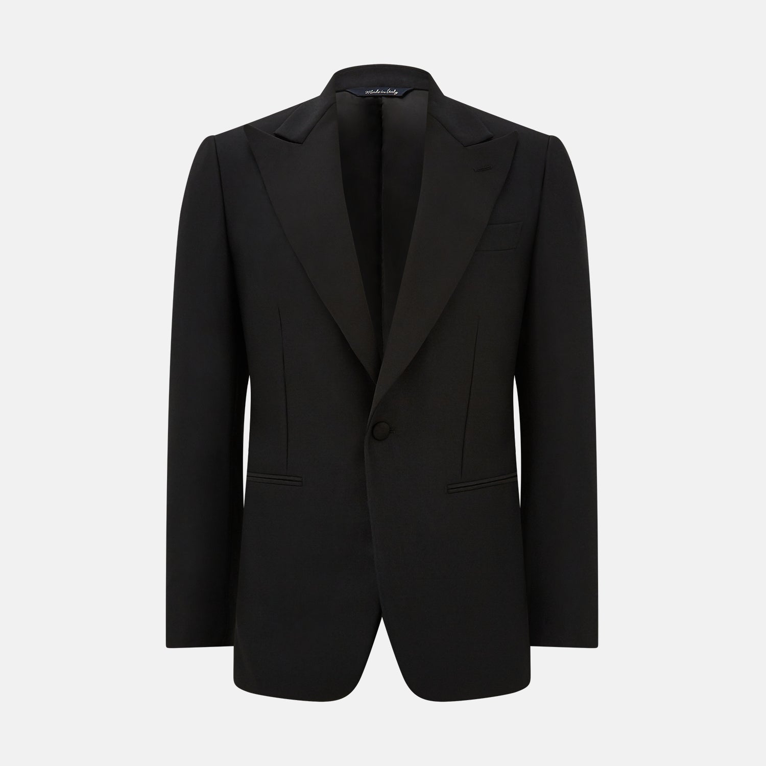 View 11 of product The Turnbull & Asser Black Single Breasted Dinner Suit, with satin lapels and matching trousers, is elegantly folded and displayed on a plain white background.