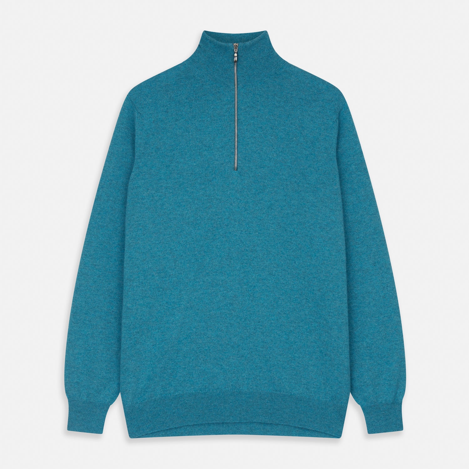 View 1 of product The Teal Lennox Half-Zip Jumper by Turnbull & Asser features a quarter-zip front, long sleeves, high collar, and ribbed cuffs and hem, shown laid flat on a light background.