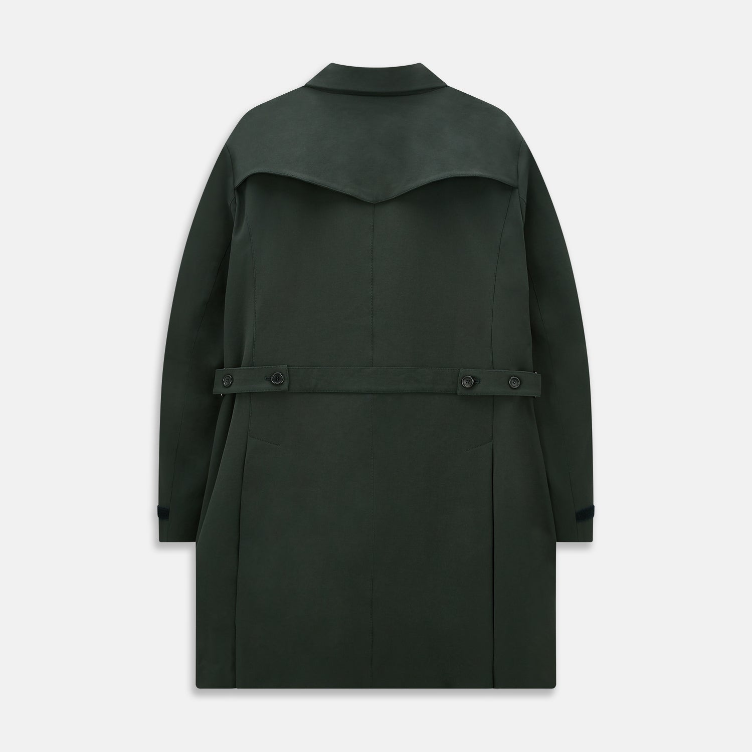 View 3 of product A Forest Green John Arthur Trench Coat by Turnbull & Asser, knee-length with a single-breasted button closure, three zippered pockets, and buttoned cuffs, is laid flat on a white background.