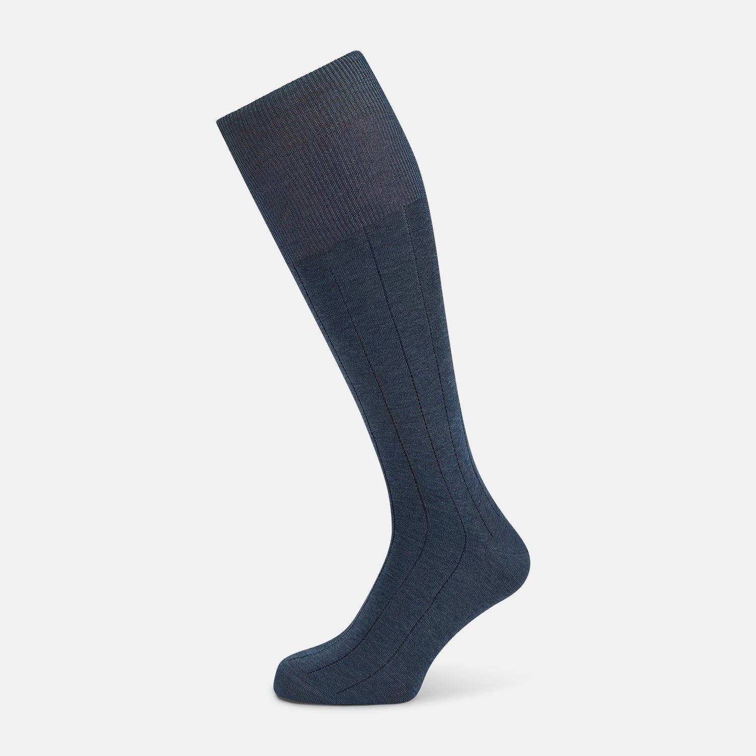 View 1 of product The Ash Dash Striped Long Sock by Turnbull & Asser—a single knee-high, dark blue over-the-calf sock with ribbed texture—is displayed on a plain, light background.