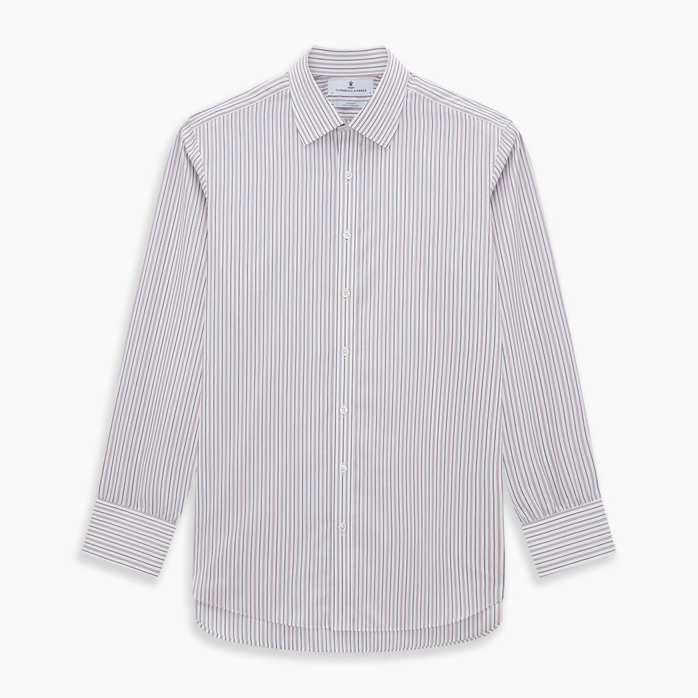 The Turnbull & Asser Red Multi Stripe Mayfair Shirt is a long-sleeve, button-up classic with a sharp collar and vibrant red multi stripes—an essential men's piece shown against a white background.