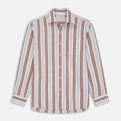 Red, Blue & White Stripe Weekend Fit Shirt with Derby Collar & 1-Button Cuffs