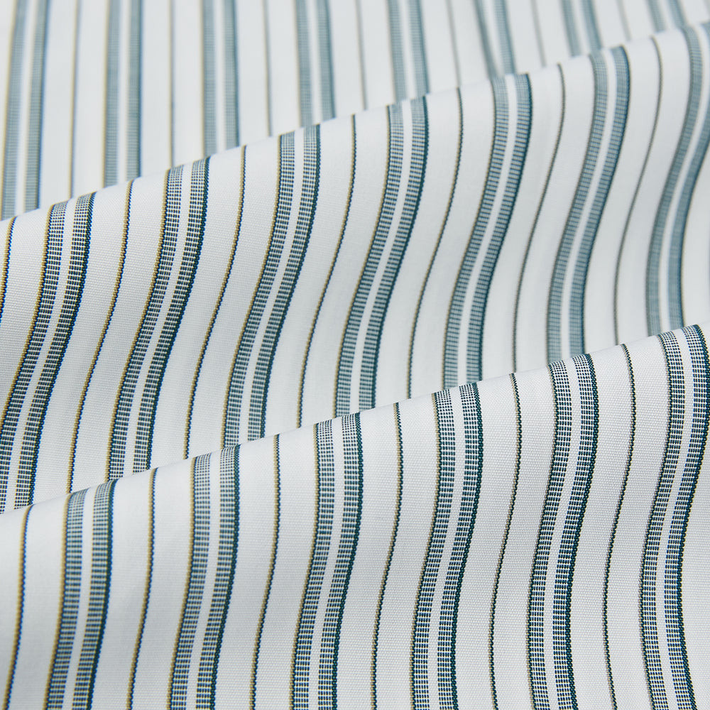 The Green Double Stripe Quarzo Nightshirt by Turnbull & Asser is a relaxed-fit, long-sleeve, knee-length Italian cotton shirt dress with a collar, partial button-down front, chest pocket, and buttoned cuffs in green and white stripes.