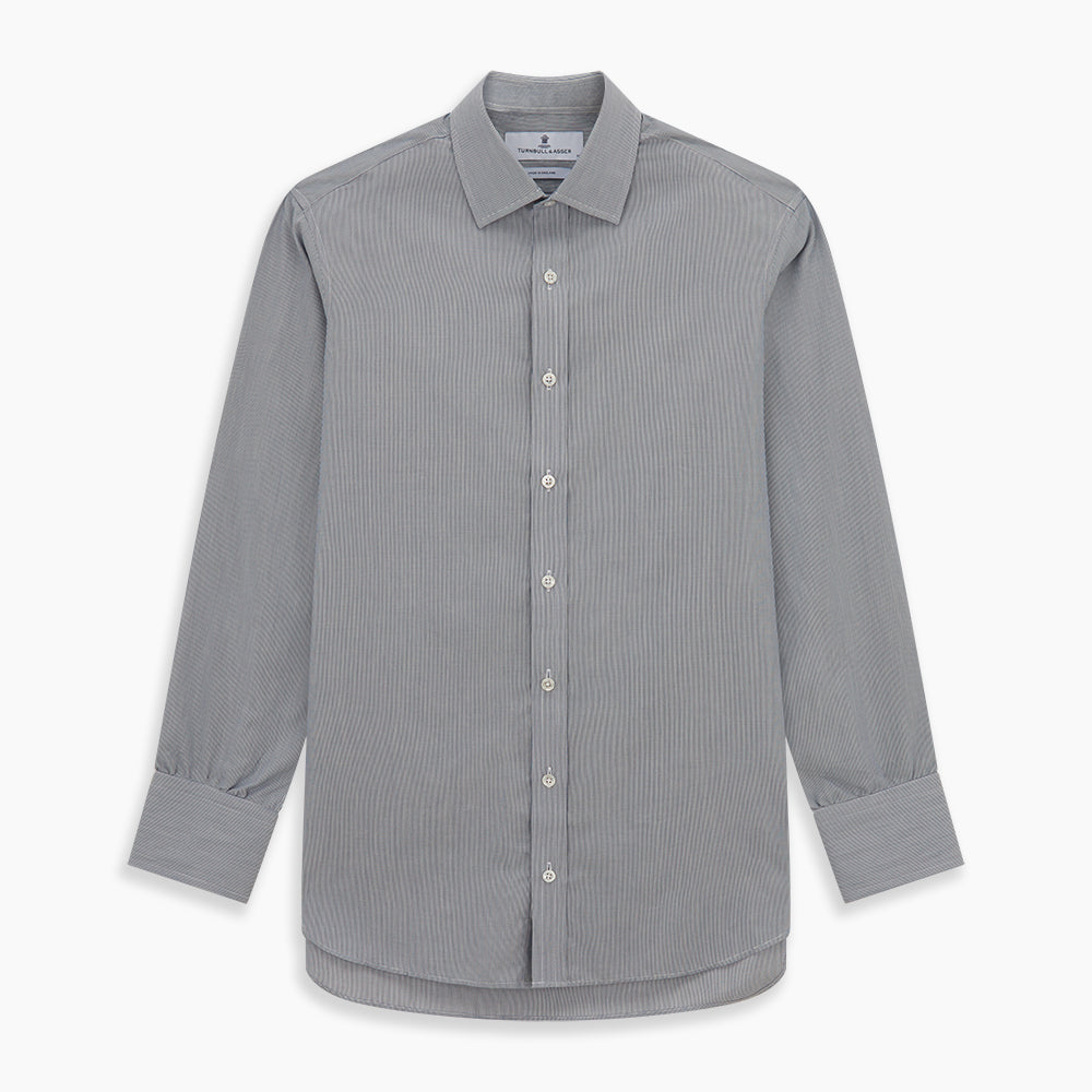 The Blue Fine Stripe Mayfair Shirt by Turnbull & Asser is a long-sleeve button-up with a sharp T&A collar and blue fine stripes, shown flat on a white background.