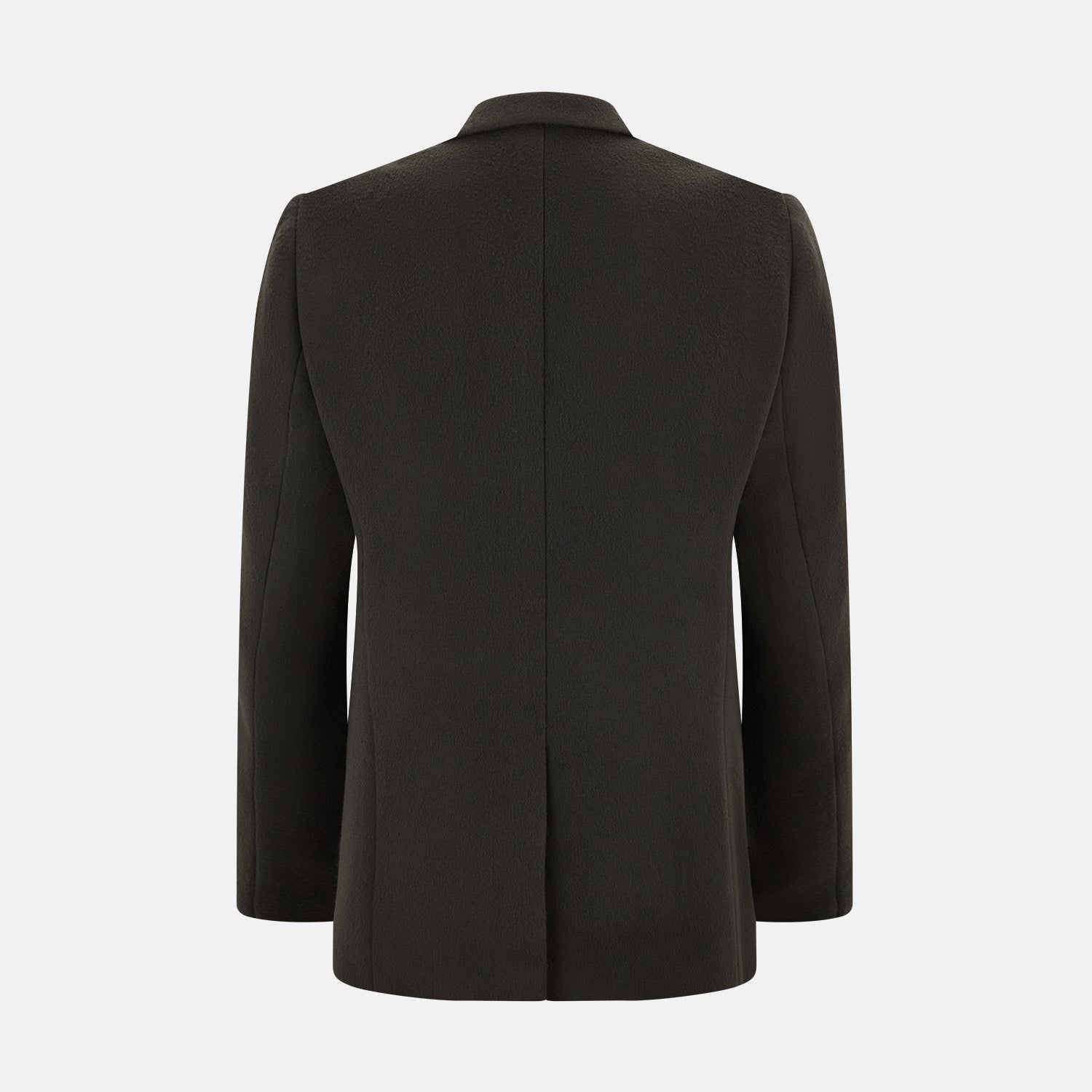 Image 3 of product The Turnbull & Asser Olive Brown Apsley Single-Breasted Caban Coat for men features three buttons, notched lapels, and three front pockets, shown against a plain white background.