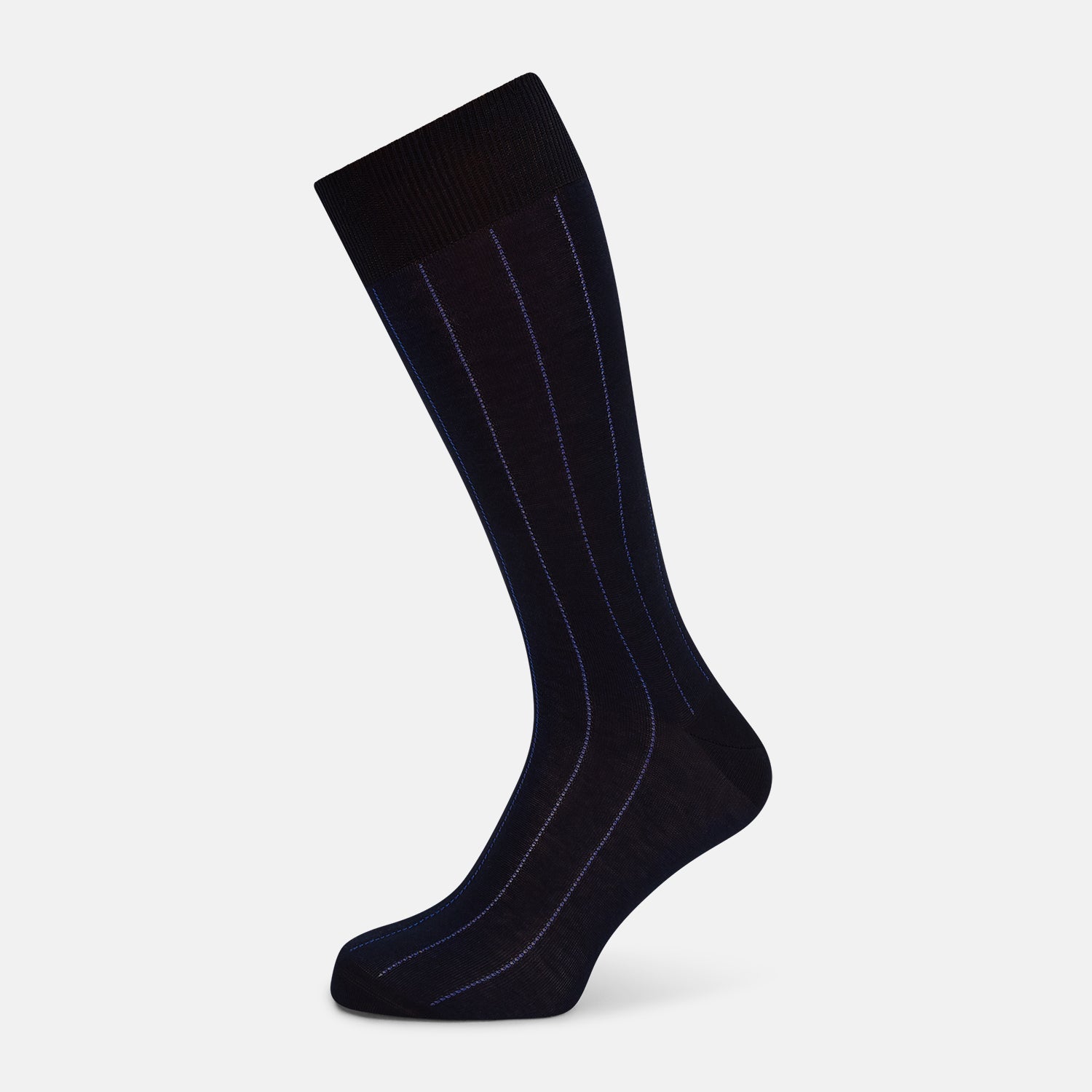 View 1 of product The Azzurro Dash Striped Mid-Length Sock by Turnbull & Asser features a single black sock with thin vertical light blue stripes, displayed on a plain white background. Comfortable mid-calf fit, ideal for everyday wear.