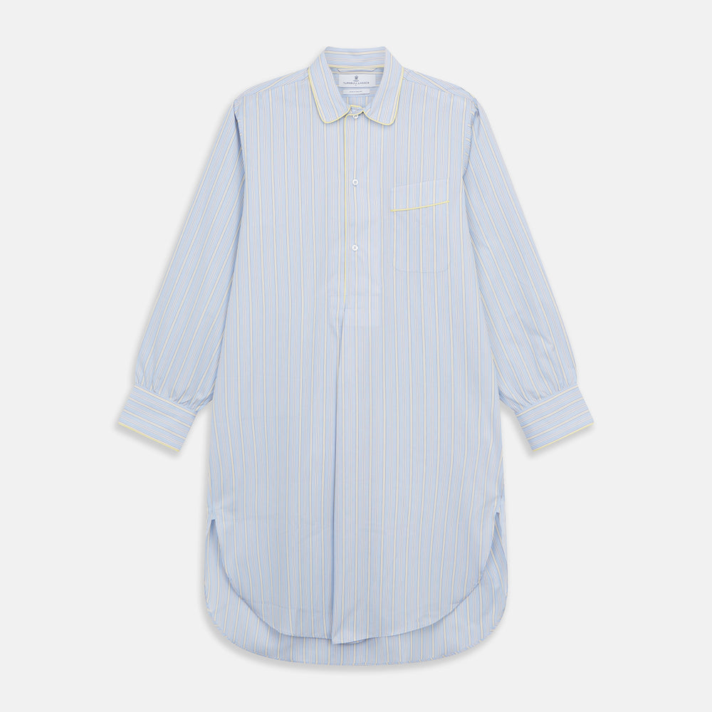 The Turnbull & Asser Blue and Yellow Stripe Poplin Cotton Nightshirt features light blue and yellow vertical stripes, long sleeves, a classic collar, single chest pocket, rounded hem, and is displayed flat on a white background.