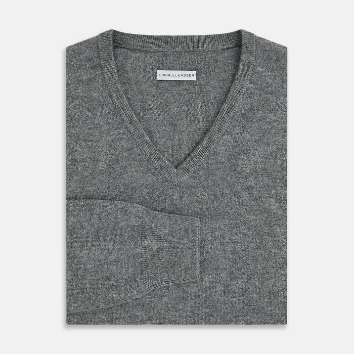 Grey Melange Cashmere V-neck Jumper Image 3