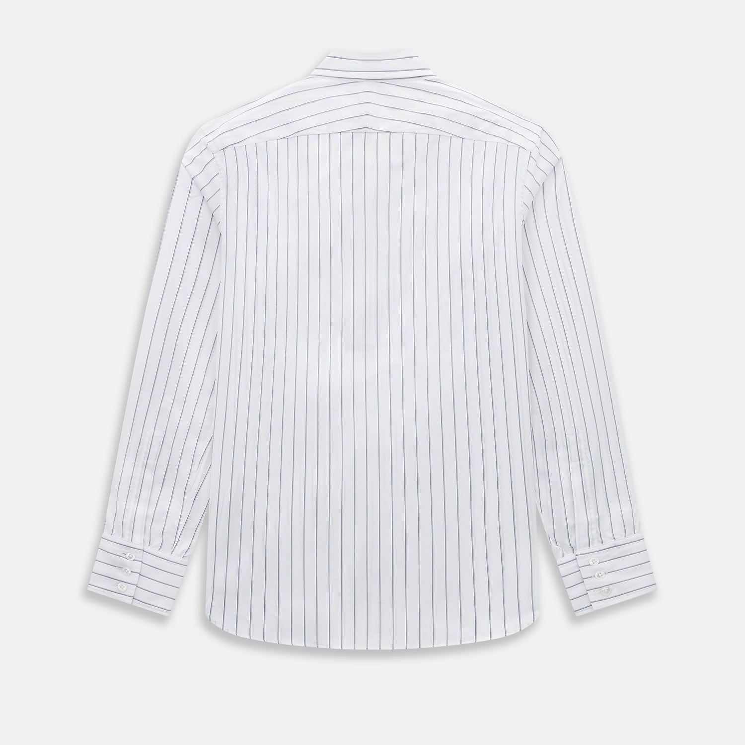 View 3 of product The Dark Navy Double-Pinstripe Westminster Shirt by Turnbull & Asser, featuring a Turnbull collar and cuffed sleeves, is displayed laid flat on a plain white background, highlighting its British craftsmanship.