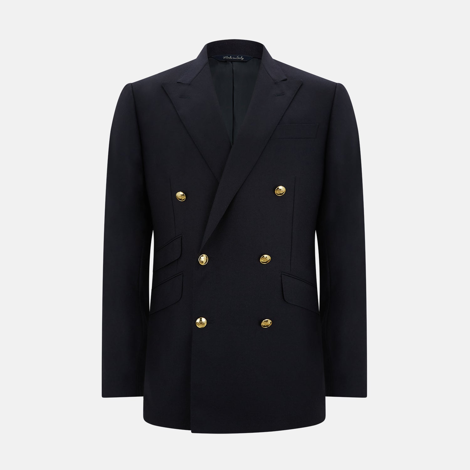 View 1 of product The Turnbull & Asser Short Navy Double Breasted Classic Blazer, featuring gold buttons, peaked lapels, and two front flap pockets, is displayed on a plain white background.