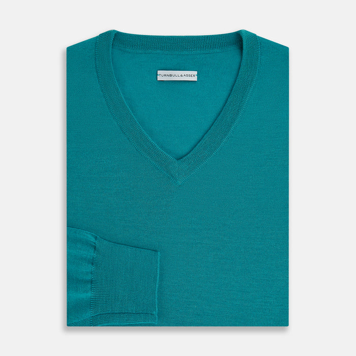 Turquoise Fine Merino V-Neck Jumper Image 3