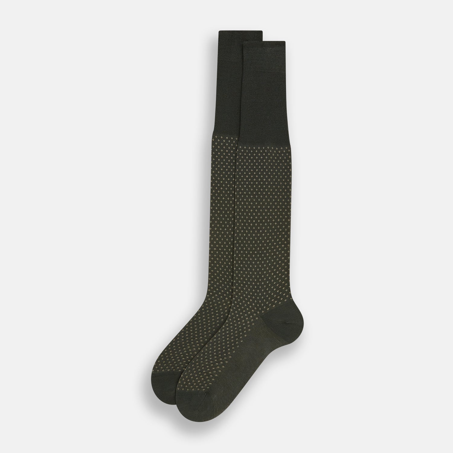 View 2 of product A single Forest Green Motif Long Sock from Turnbull & Asser, crafted from soft mercerised Egyptian cotton, features a subtle pattern, ribbed cuff, and left-foot shaping, displayed on a light background.