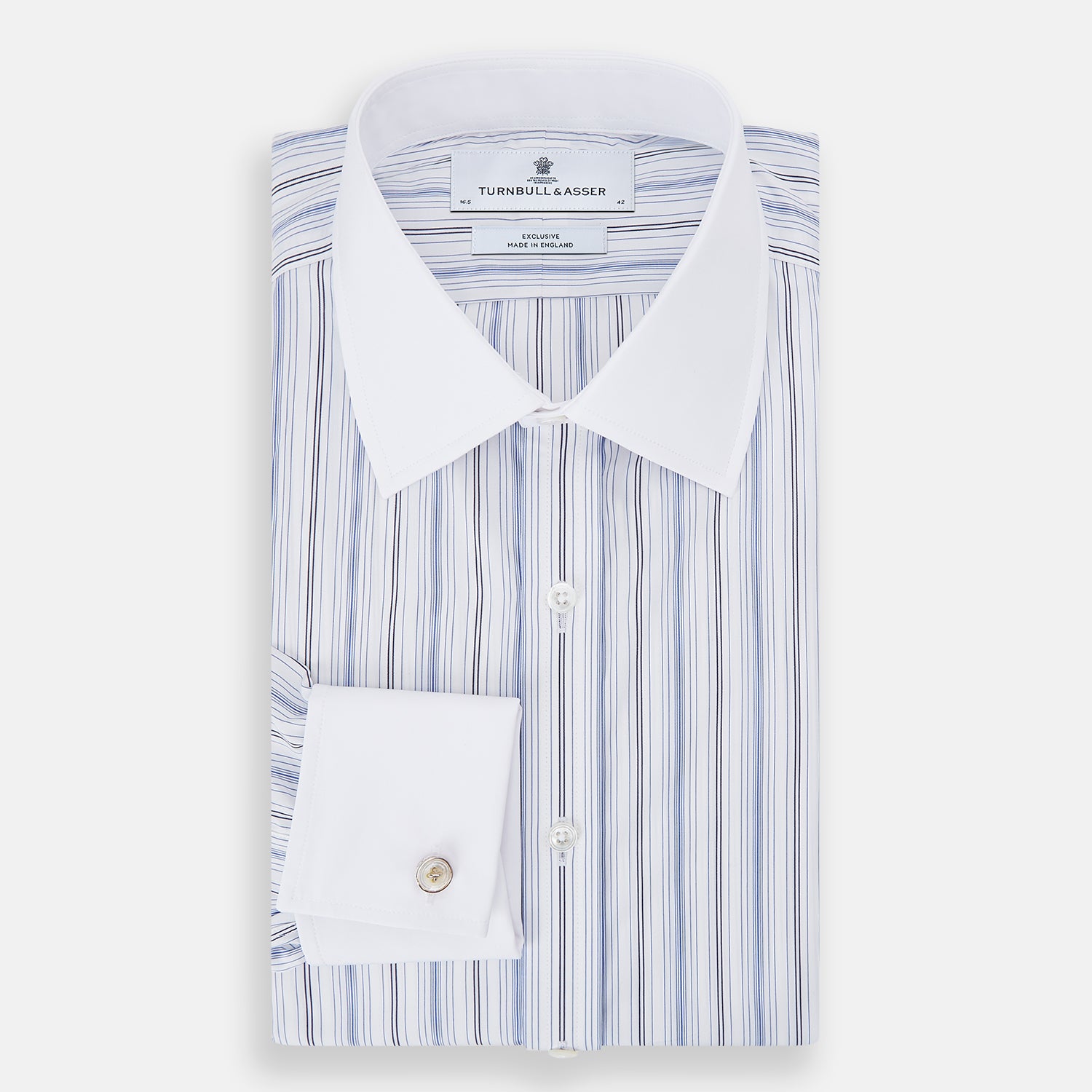 View 5 of product The Turnbull & Asser Navy and Blue Multi Stripe Shirt with Contrast Collar and Double Cuffs is shown in a Mayfair fit on a plain white background.