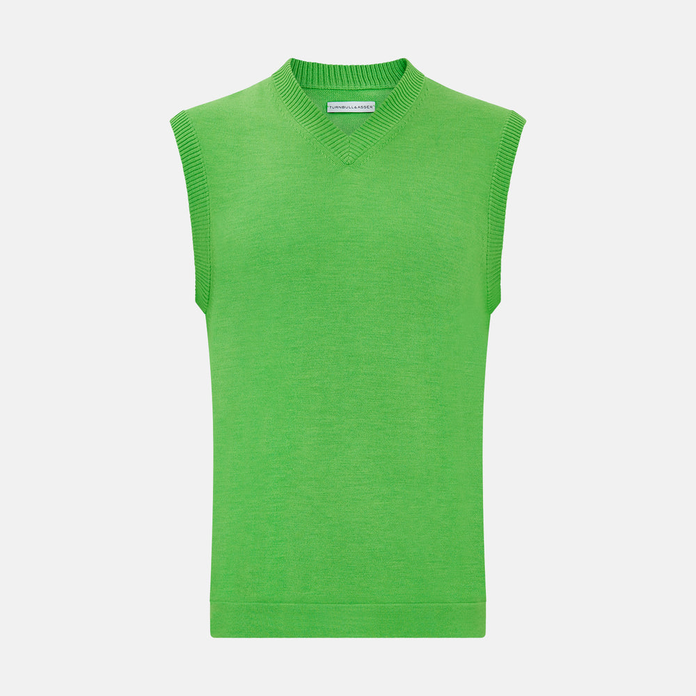 The Turnbull & Asser Lime Green Fine Merino V-Neck Vest, ideal for men, is shown against a plain white background.