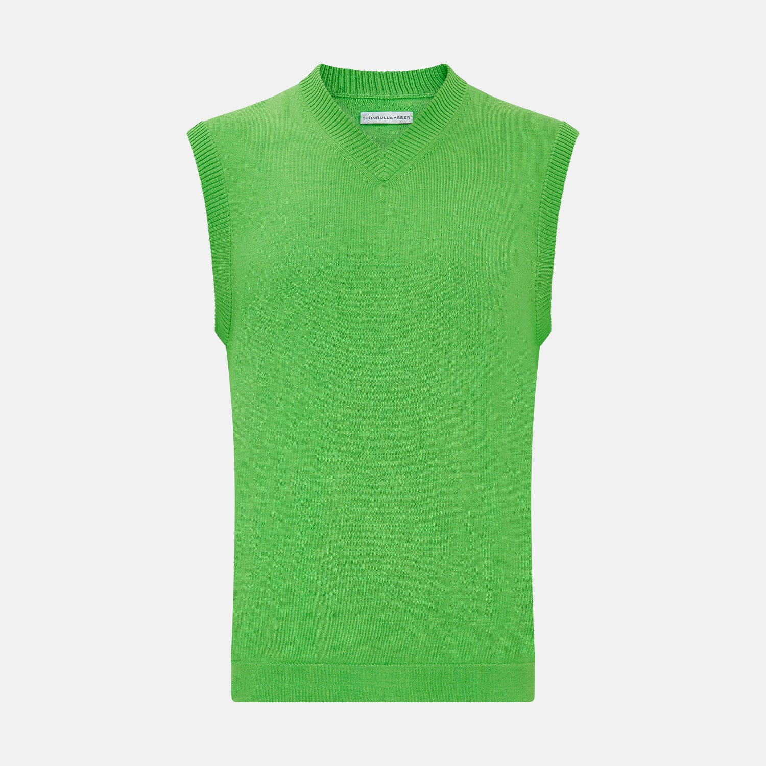 View 1 of product The Turnbull & Asser Lime Green Fine Merino V-Neck Vest, ideal for men, is shown against a plain white background.