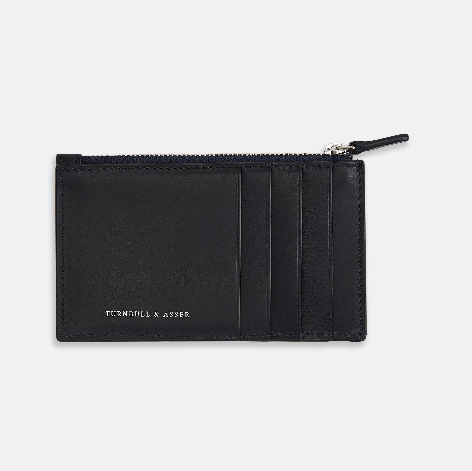 Image 1 of product A navy leather card holder by Turnbull & Asser, featuring four card slots, a zip coin pocket, and the brand name embossed in white on the lower left corner.